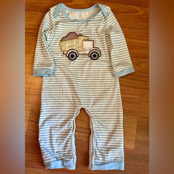 Striped Blue Kids One Piece with Truck Design - Picture 1 of 3